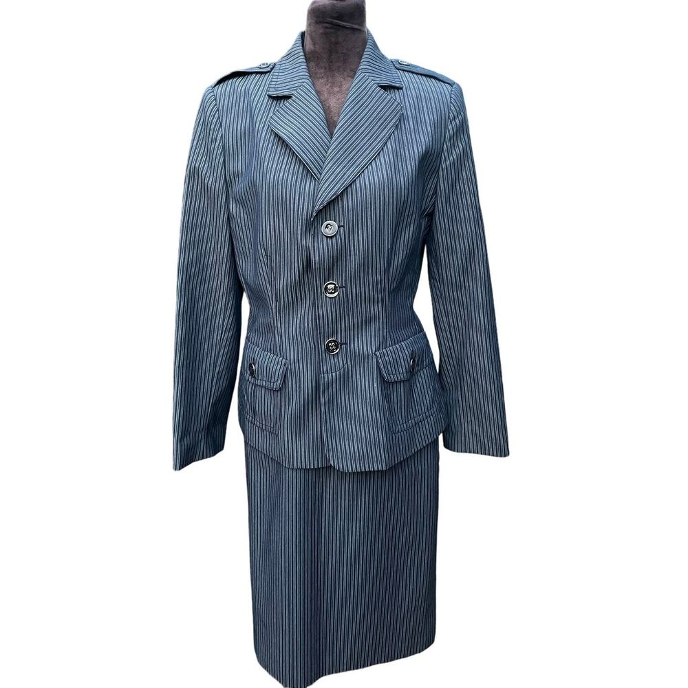 Harve Benard Vintage Denim Pinstripe Skirt Suit Lined Herringbone Jacket Sz10